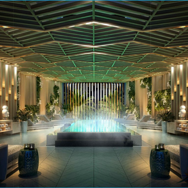 a fountain of water in a large room