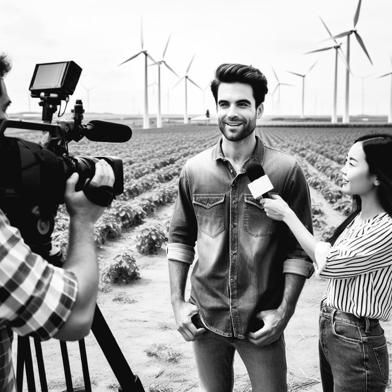 a man and woman standing in front of a camera