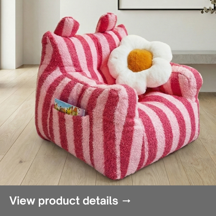 Soft striped kids lounge chair placed on the floor in a cozy playroom