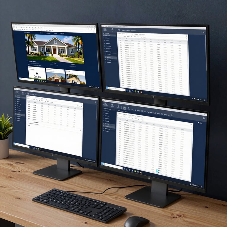 An organized desktop with multiple monitors displaying real estate software and spreadsheets, in a steel blue and navy theme.