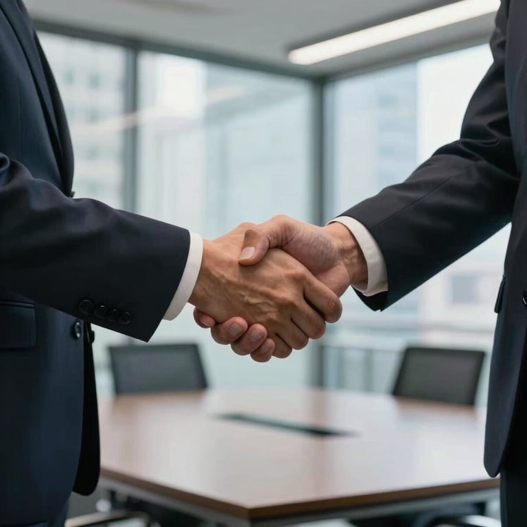 A close-up of two professionals shaking hands in a bright, glass-walled conference room in a US city.