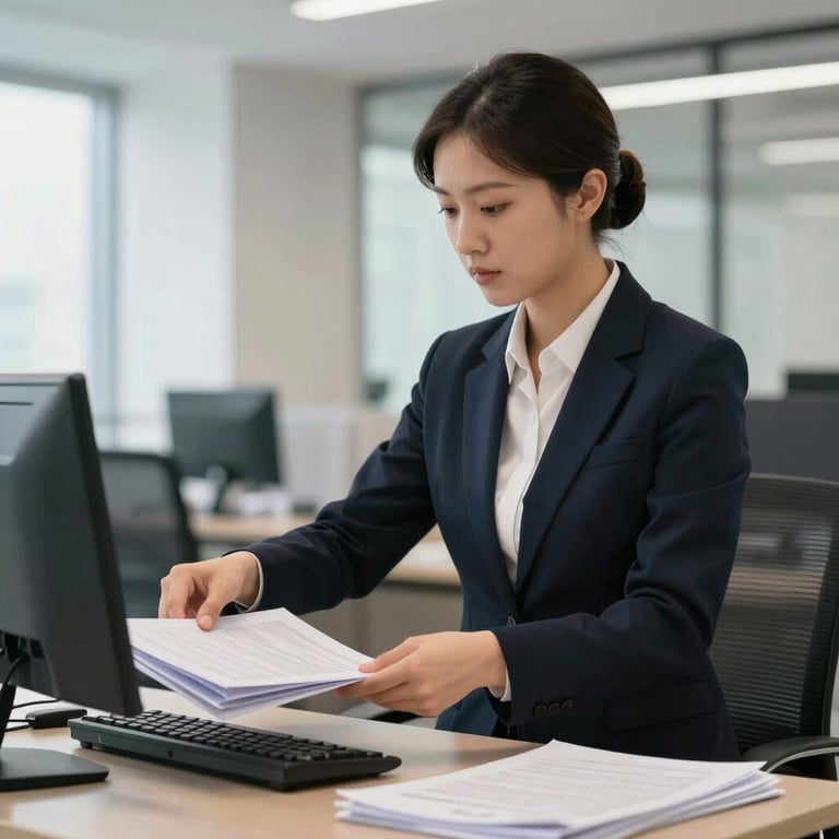 A professional administrative assistant in a clean, modern office environment, efficiently organizing files.