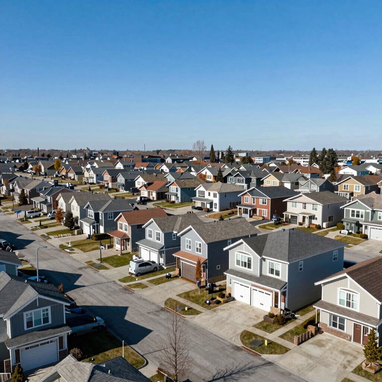 A sharp, wide-angle shot of a modern North American residential neighborhood, symbolizing the real estate market, with clear blue skies.