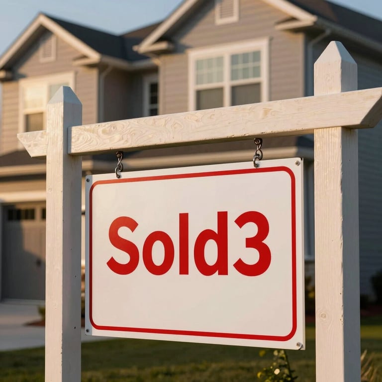 A detailed shot of a 'Sold' sign in front of a modern North American home, with warm evening lighting.