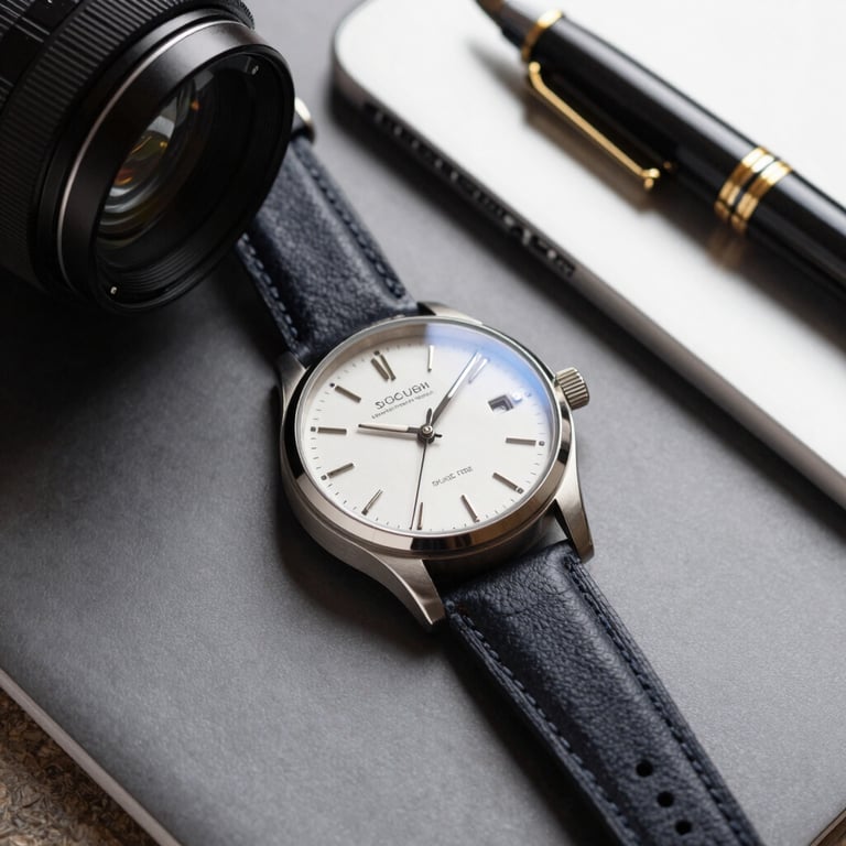 A high-quality still life of a stylish watch, a high-end pen, and a tablet, representing reclaimed time and professional success.