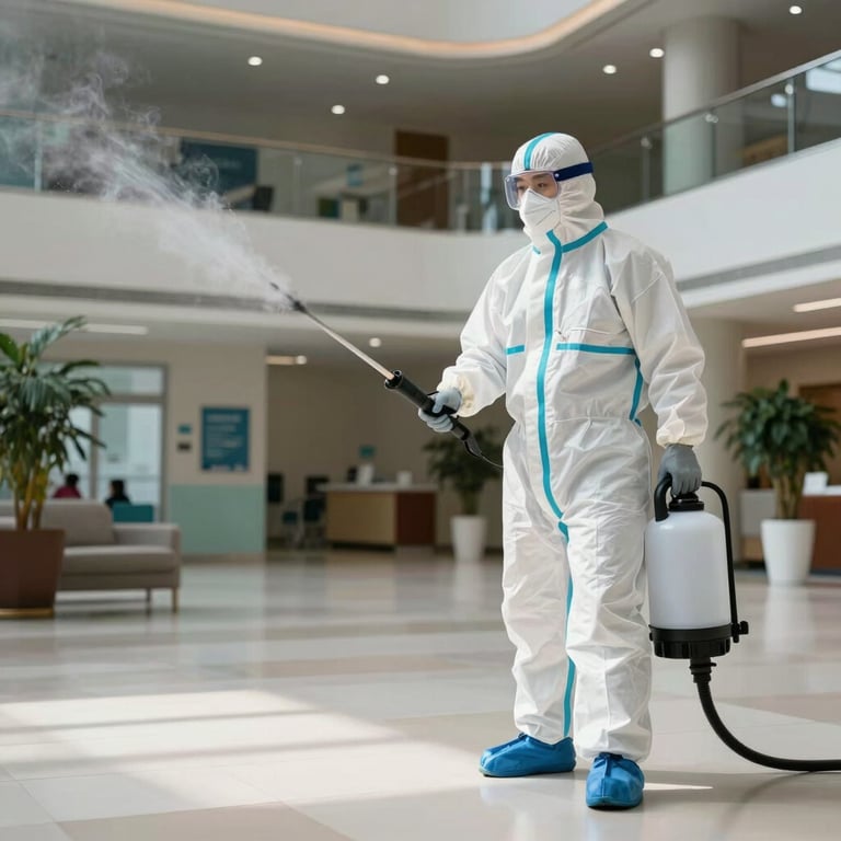 A cleaning professional in full PPE using a medical-grade disinfectant fogger in a large healthcare lobby area.