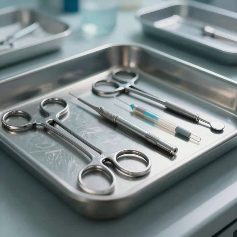 Close-up of a sterile tray holding sanitized medical instruments in a brightly lit North American clinical setting.