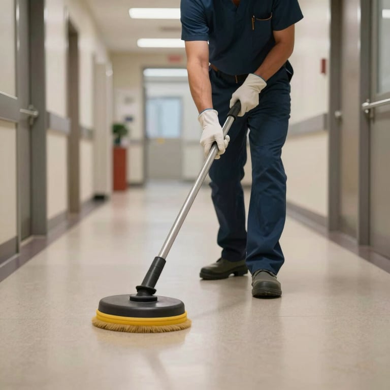 A professional cleaner in a North American healthcare facility buffing a corridor floor to a high shine at night.