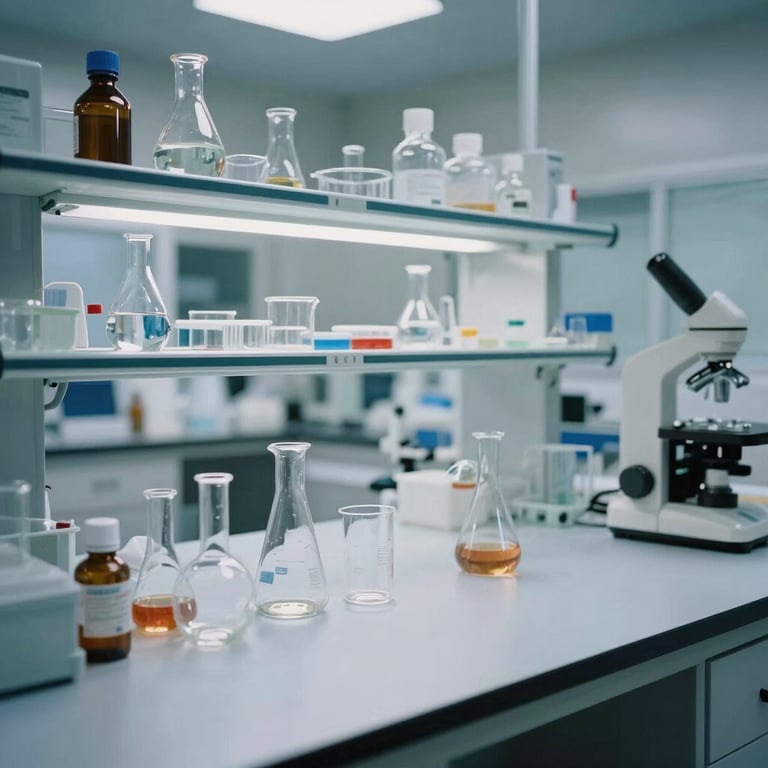 A gleaming laboratory environment in a North American clinic with spotless countertops and organized glassware.