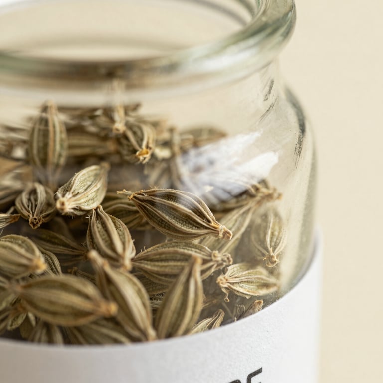 Extreme close-up of dried herb stems and seed heads in a glass apothecary jar, diffuse overhead studio light, shallow depth of field on the label edge, warm cream background, documentary precision