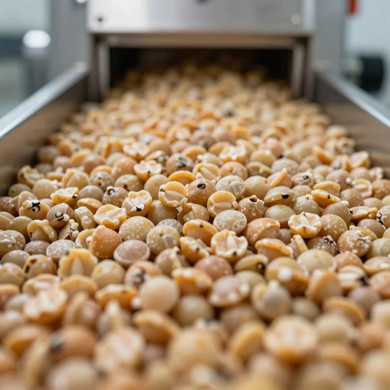 Macro close-up of premium raw pulses and grains inside a clean, high-capacity industrial sorting facility.