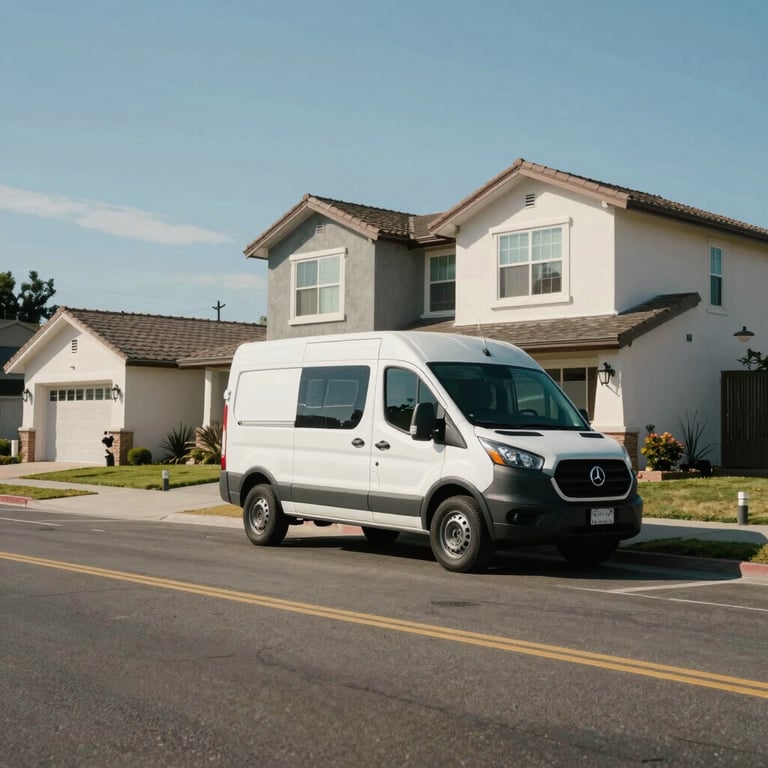 A wide shot of a clean residential street in Visalia, California, with a professional service van parked in front of a modern home.