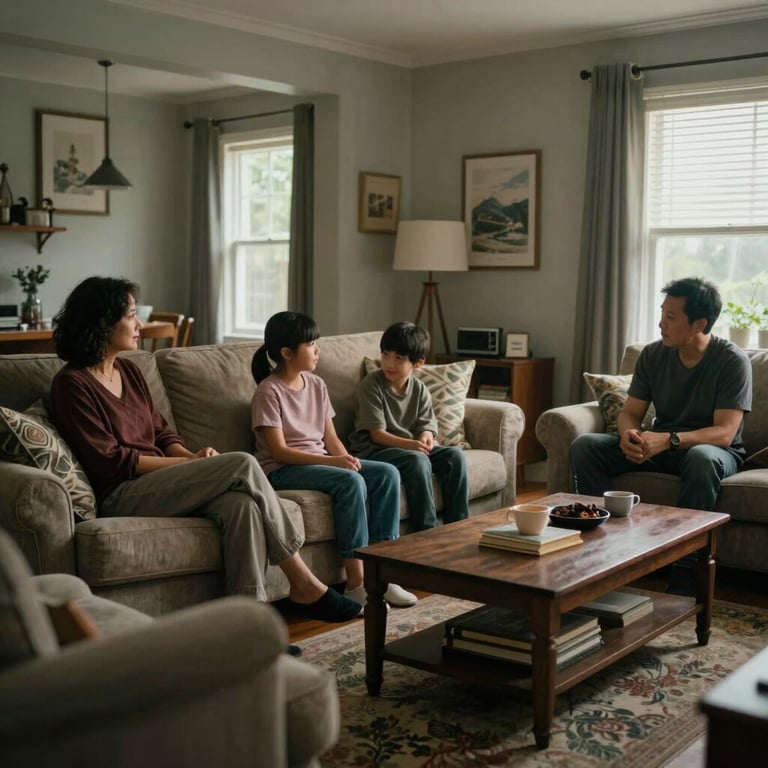 A family in a comfortable, cool living room enjoying the indoor climate, North American / US interior style.