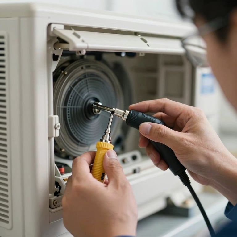 Close-up of a technician's hands using professional tools to service an air conditioning unit, showcasing expertise.