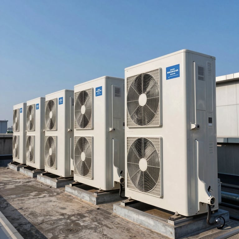 A row of high-efficiency commercial HVAC units on a rooftop under a clear blue sky, demonstrating scale and capability.