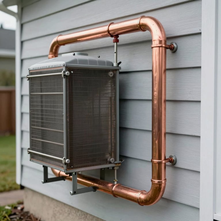 Precision detail of new copper refrigeration lines and insulation installed on an exterior wall of a home.