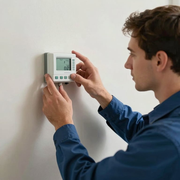 A North American / US HVAC technician checking a digital thermostat on an off-white wall, wearing a professional uniform.