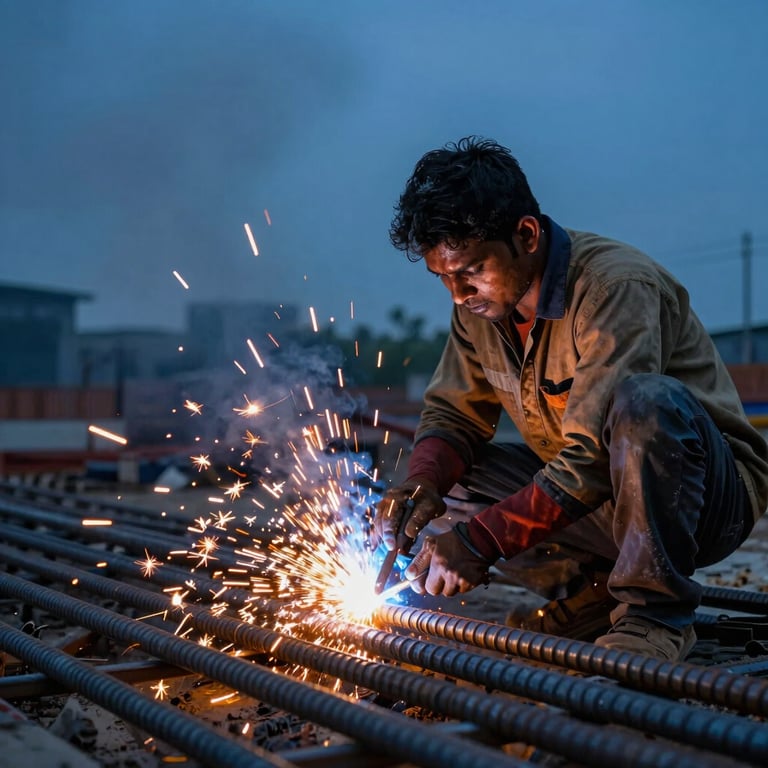 A South Asian steel fitter welding reinforced bars on a large infrastructure site, dramatic orange sparks against a dark blue background.
