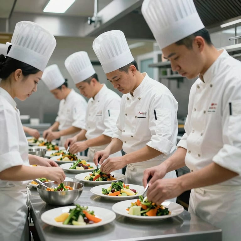 A professional culinary team in clean white uniforms preparing healthy meals for workers in a large-scale industrial kitchen.