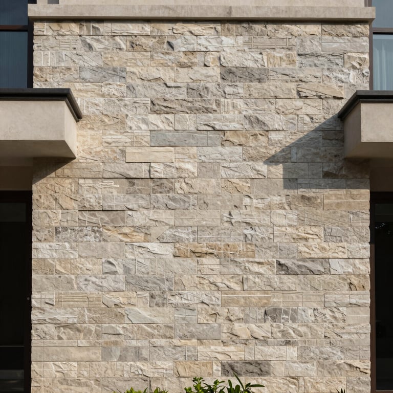 A finished masonry facade of a modern luxury villa in South Asia, showcasing elegant textures and precise craftsmanship.