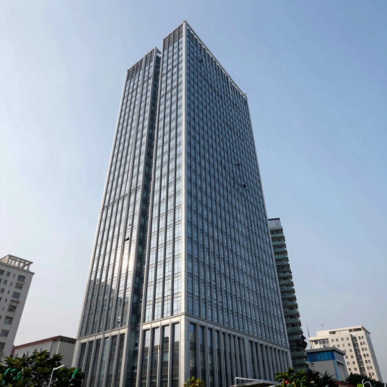 A wide shot of a modern glass and steel commercial high-rise building completed by the contractor in a metropolitan Indian city.