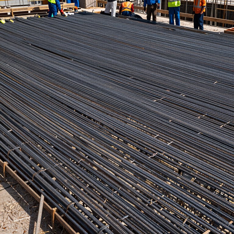 An organized grid of steel foundation bars being prepared by a professional team on an Indian construction site, sharp focus.
