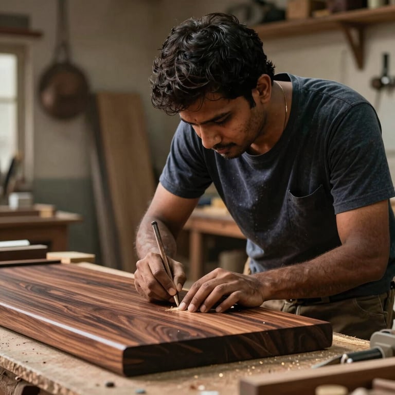 A skilled carpenter in a South Asian workshop meticulously finishing a piece of dark wood for a high-end interior project.
