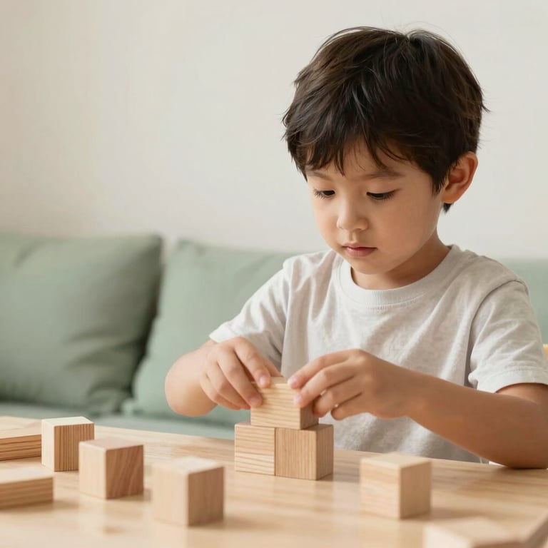 A preschool child engaged in a focused learning activity using natural wooden blocks, captured in a bright room with soft cream walls and sage green cushions.