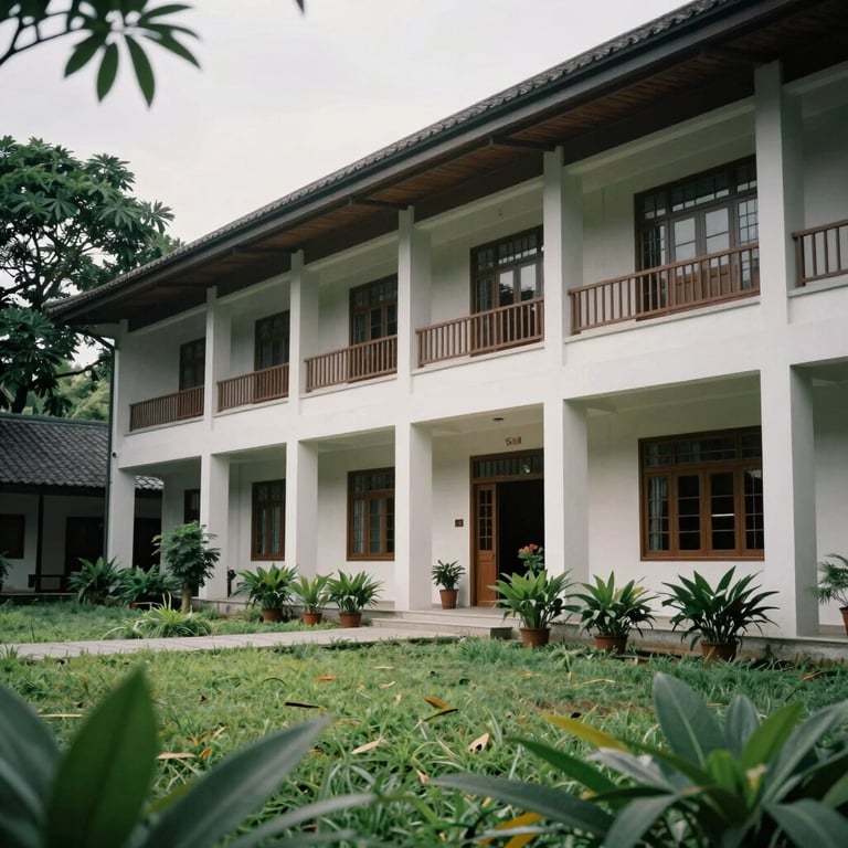 The exterior of a modern pesantren building with clean architecture and lush greenery, embodying a nurturing and insightful atmosphere.