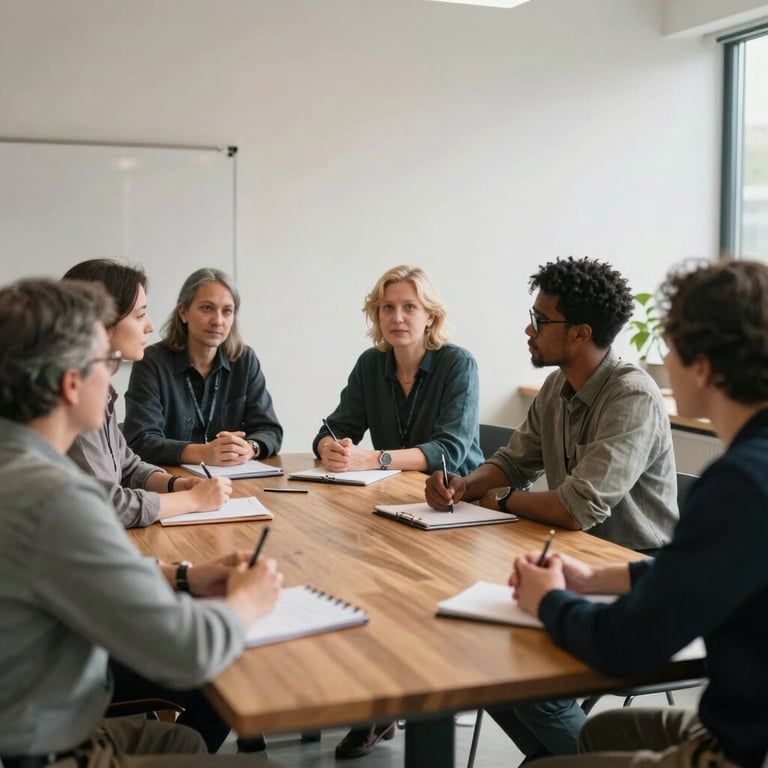 A group of diverse educators sitting around a warm wooden table for a professional development workshop, with soft morning lighting.