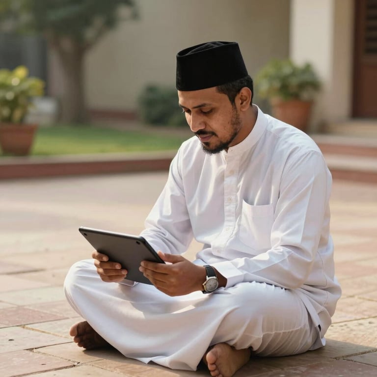 An ustadz in modest traditional attire reviewing educational materials on a tablet, sitting in a peaceful garden area with warm stone paving.