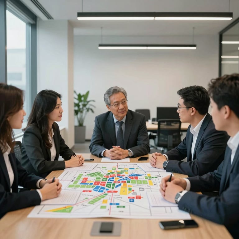 A collaborative meeting in a modern, professional North American office environment, focusing on a neighborhood strategy map.