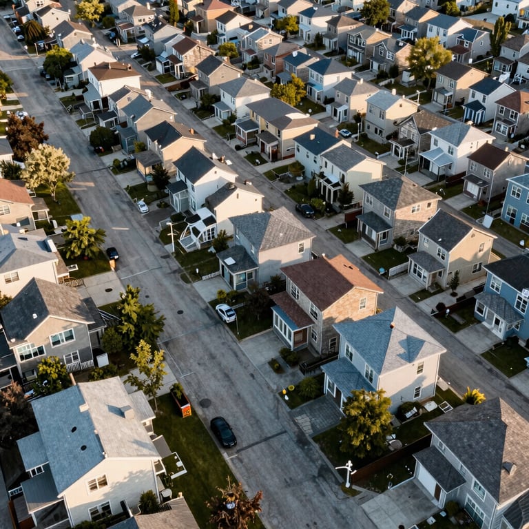 An aerial view of a clean, well-maintained residential neighborhood in Toronto, morning light, with off-white and dusty blue house accents.