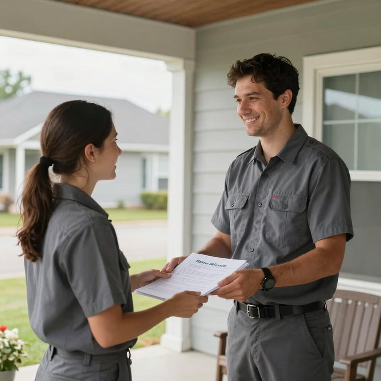 A friendly professional delivering marketing materials to a modern North American house porch, daytime, community feel, wearing a slate colored uniform.