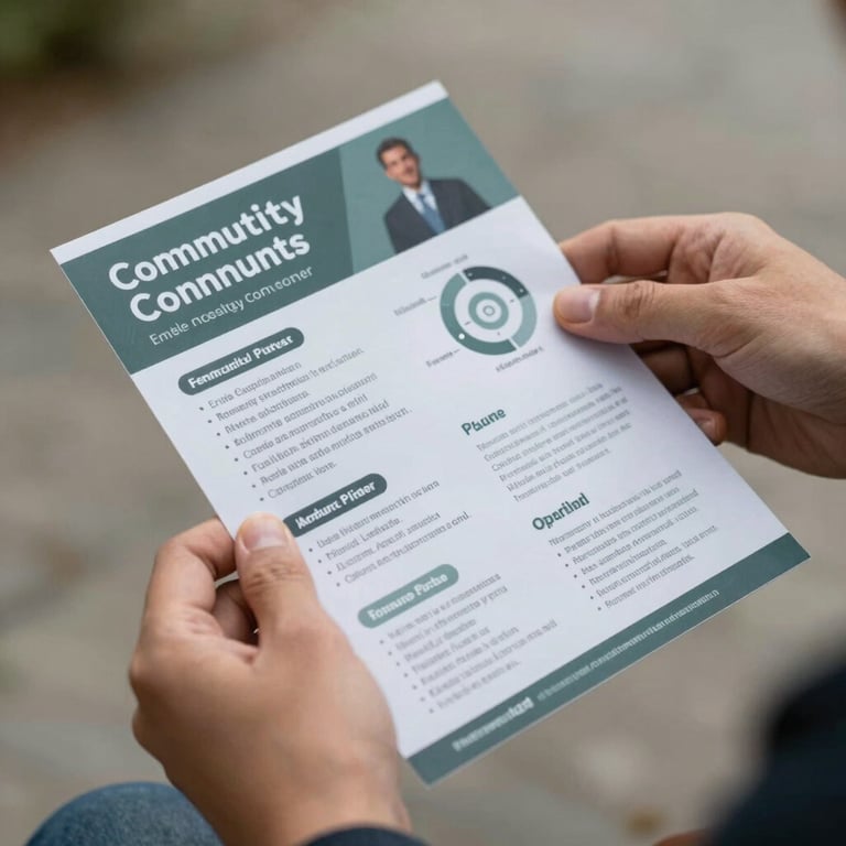 Close up of hands holding a professionally designed flyer with community information, soft outdoor lighting, trustworthy vibe.