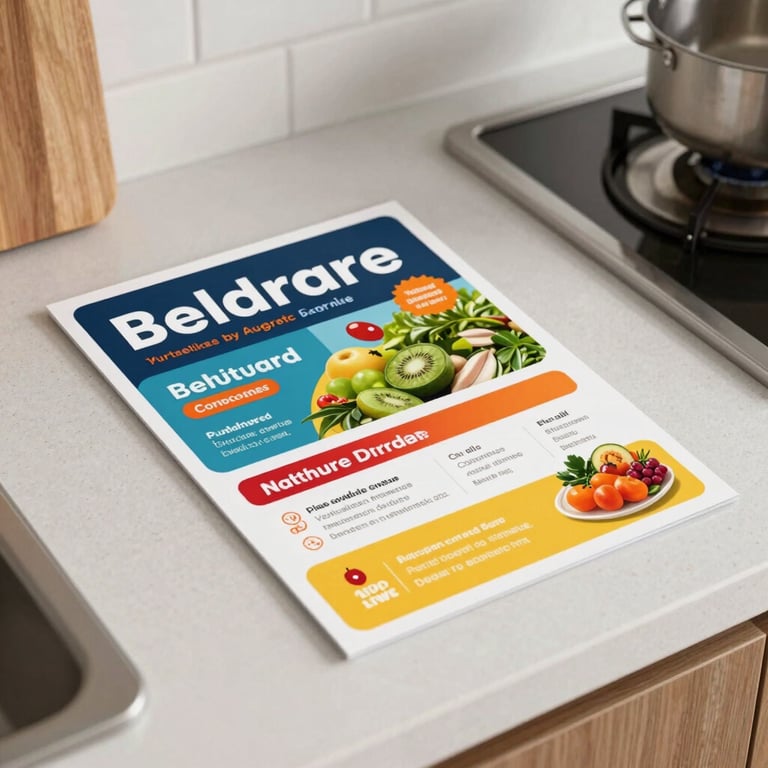 A top-down view of a colorful marketing flyer on a kitchen counter in a bright, modern residential setting.