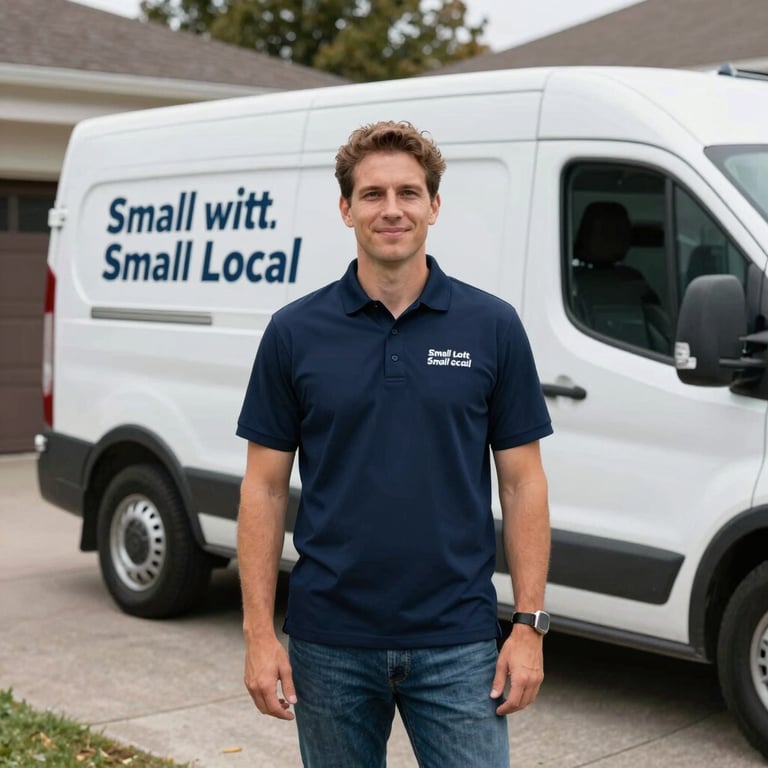 A local small business owner in a professional branded polo shirt, standing in front of a clean service van in a GTA driveway.