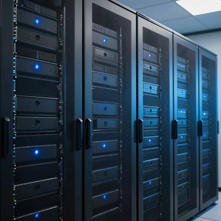 A sleek server room with subtle Cerulean Blue lighting reflecting off Charcoal Grey equipment racks in a North American / US data center.