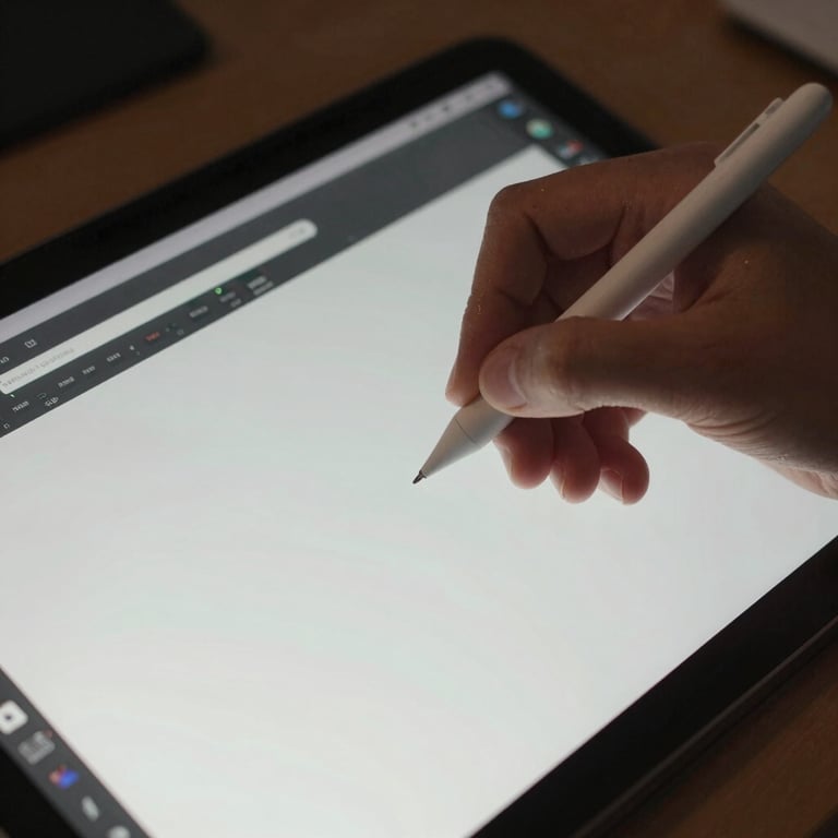 An overhead macro shot of a hand using a digital stylus on a high-definition screen in a North American / US design studio.