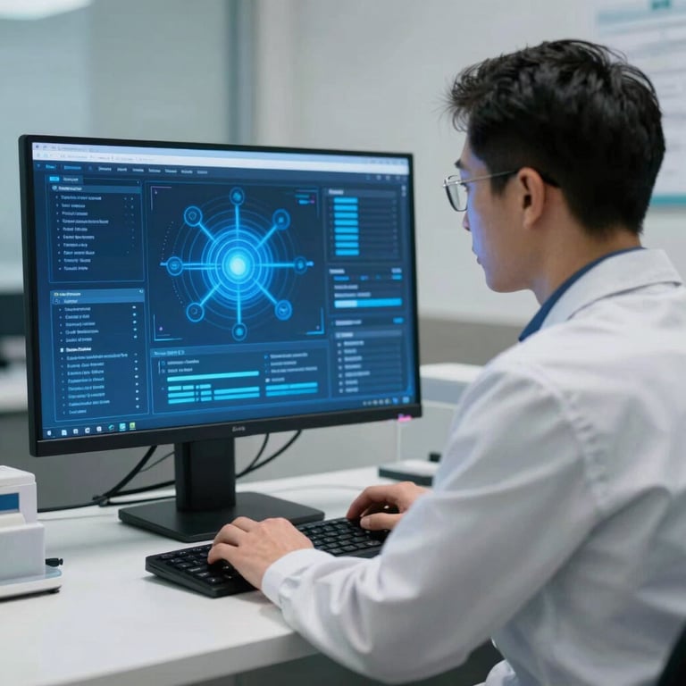 A professional analyst in a North American / US clinic setting looking at a monitor with sophisticated AI software interfaces, backlit in Cerulean Blue.