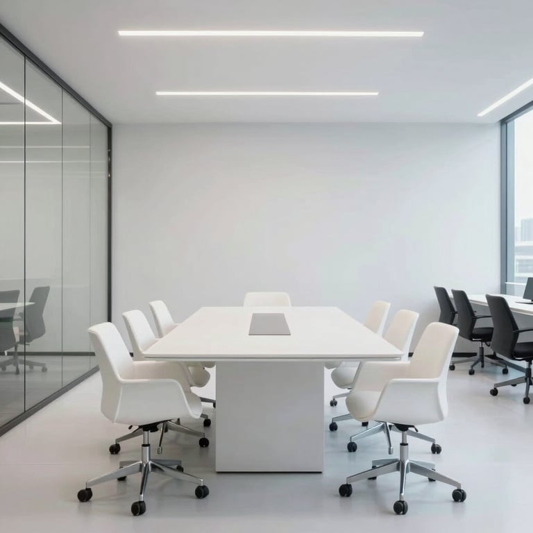 A minimalist meeting room in a North American / US tech hub with Ice White furniture and sleek glass partitions.