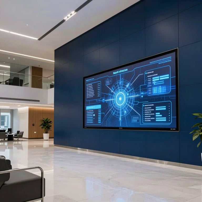 A wide shot of a futuristic North American / US corporate lobby with Midnight Blue accent walls and high-tech digital displays.