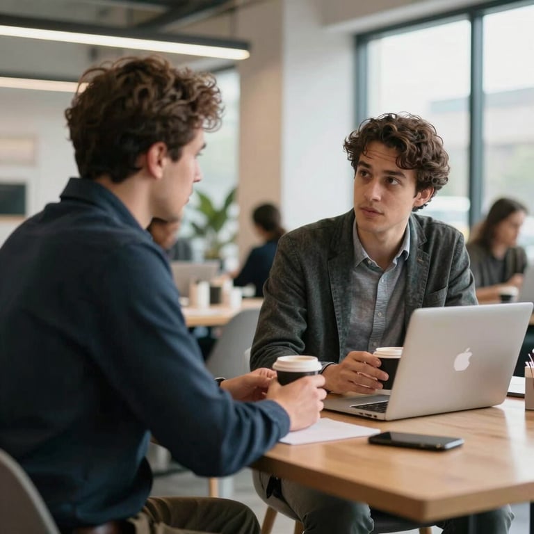 Two entrepreneurs in a bright, modern North American / US co-working space discussing digital strategy over coffee.
