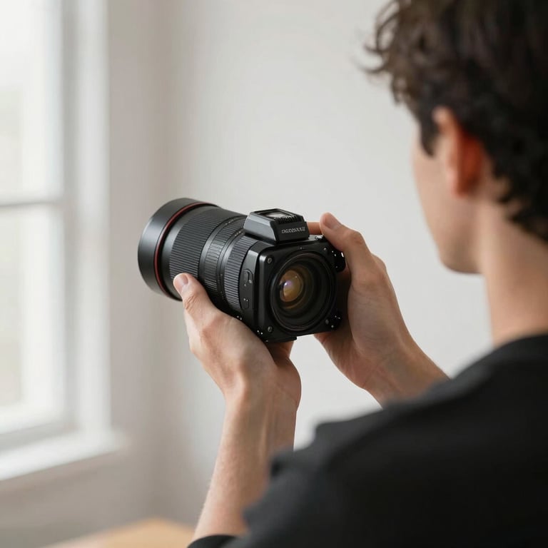 A focused individual preparing for an interview in a clean, minimalist setting with natural light.