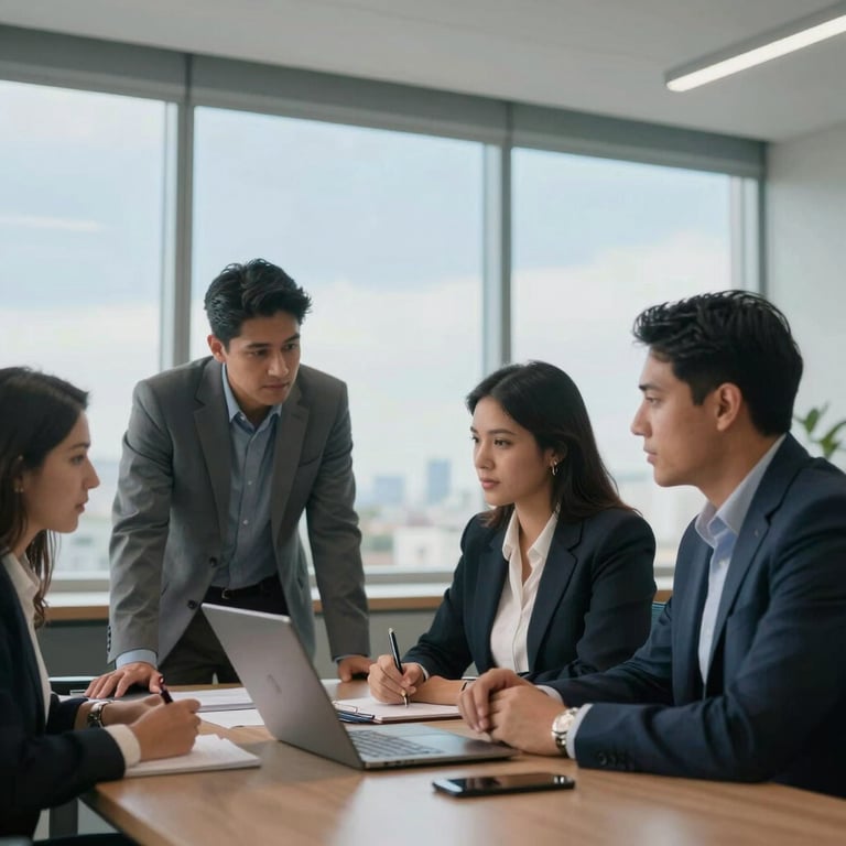 A group of professionals in South America collaborating in a bright, modern office with soft sky blue accents.