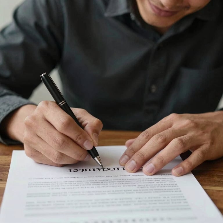 Close-up of a person happily signing an employment contract, warm and supportive lighting.