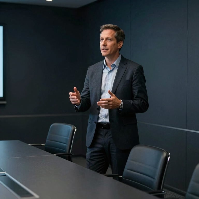 A professional mentor giving a presentation in a sleek conference room with deep slate furniture.
