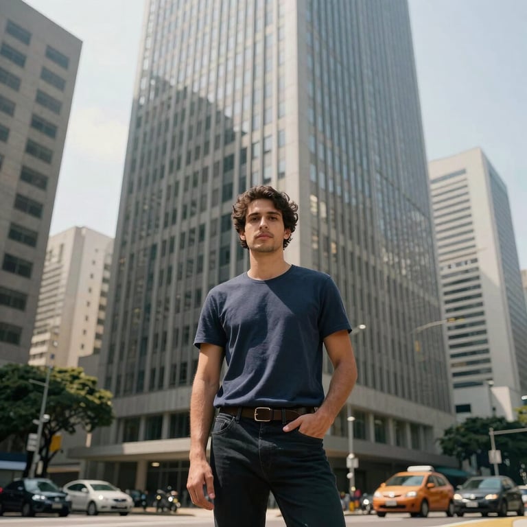 A person standing confidently in front of a modern corporate building in a busy Brazilian business district.