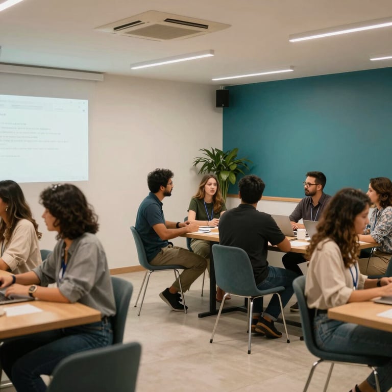 A networking event in a modern Brazilian coworking space featuring off-white and teal decor.