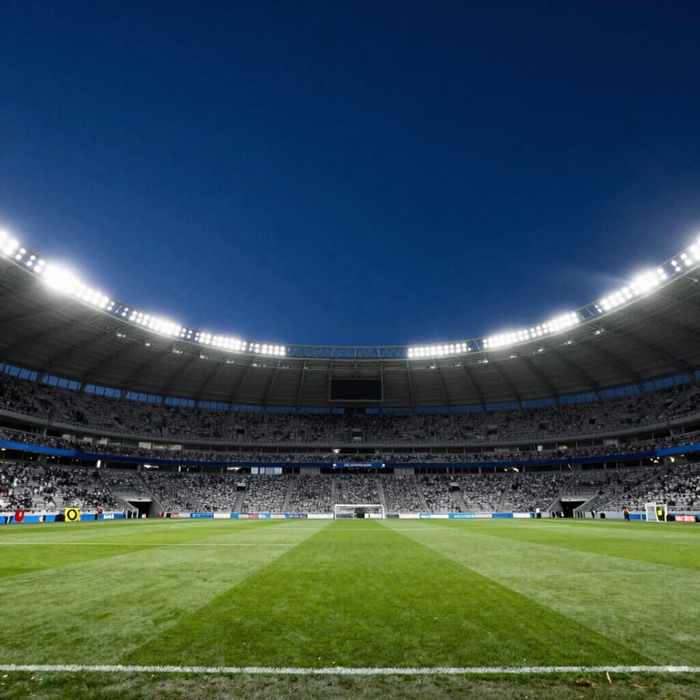 A wide shot of a world-class football stadium at night under bright blue floodlights.